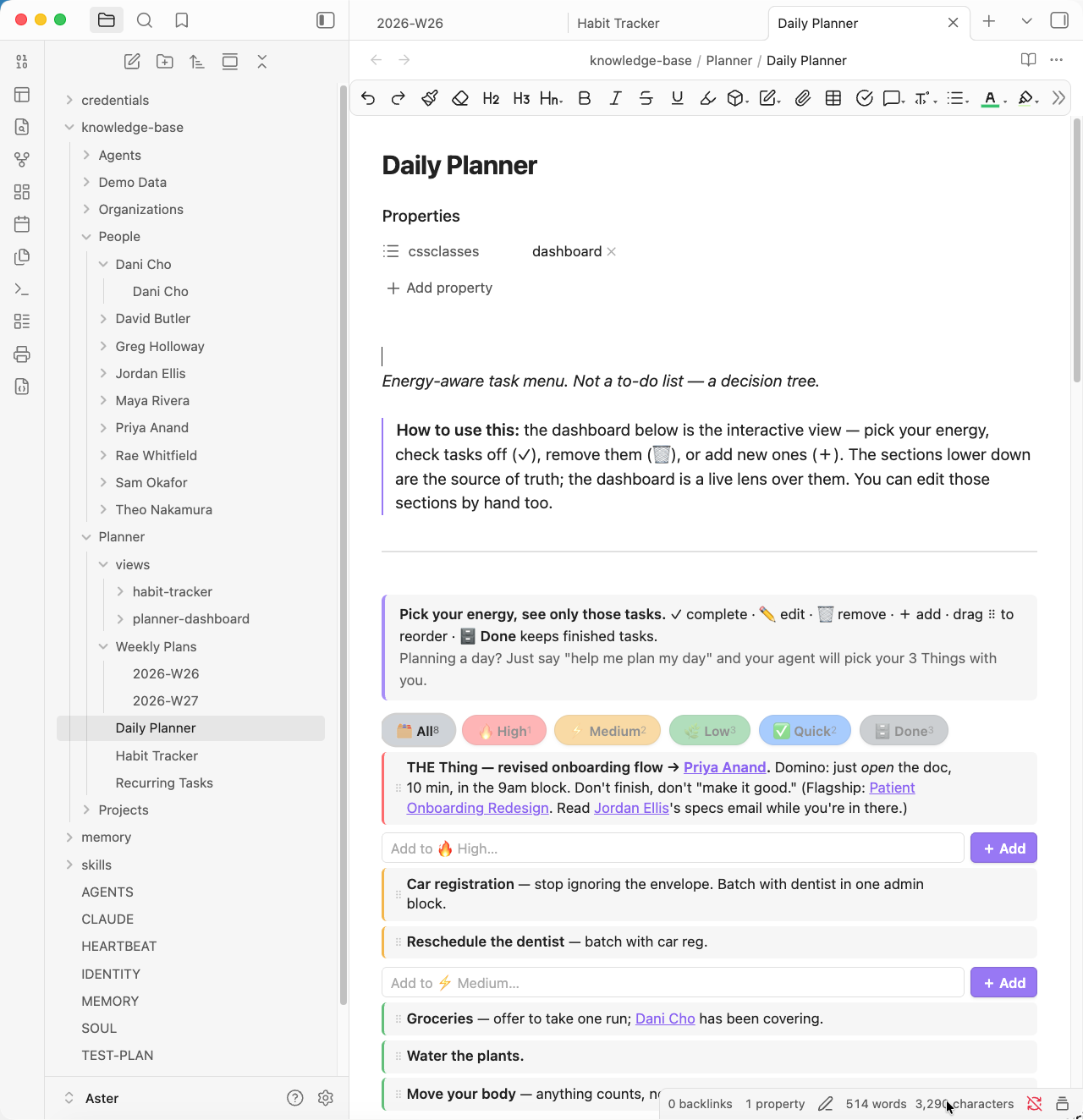 Obsidian open to the Daily Planner note, with the agent workspace files and knowledge base visible in the left sidebar.